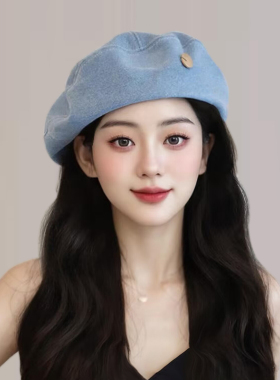 浅蓝色牛仔贝雷帽女款2025新款韩系画家帽春秋季显脸小蓓蕾帽子女