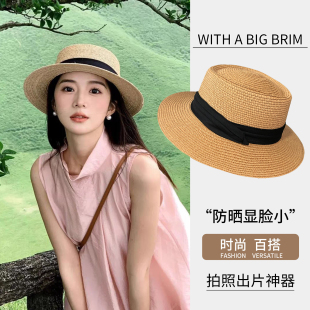 海边遮阳防晒礼帽高级显脸小太阳帽子 平顶草帽女夏季 2025新款 法式