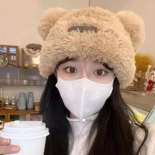 加绒加厚小熊耳朵针织帽护耳毛绒