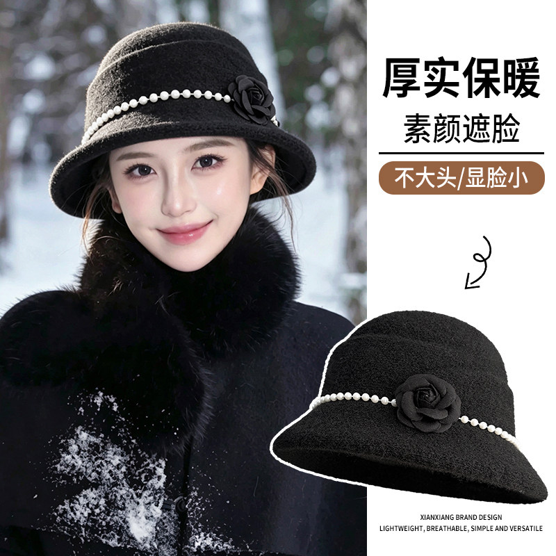 留洋千金法式赫本风黑色礼帽女士秋冬显脸小珍珠花朵针织渔夫帽子
