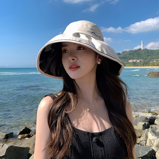 防紫外线遮阳渔夫帽出游大帽檐太阳帽子女款 黑胶防晒帽夏季 upf50