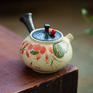 复古青花火石红茶壶泡茶单壶手绘锦鲤戏荷陶瓷侧把壶功夫茶具