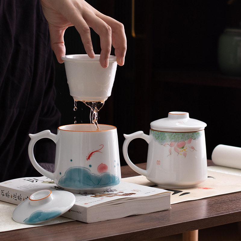 中式手绘马克杯三件套茶水分离陶瓷泡茶杯带盖把手内胆家用公礼品