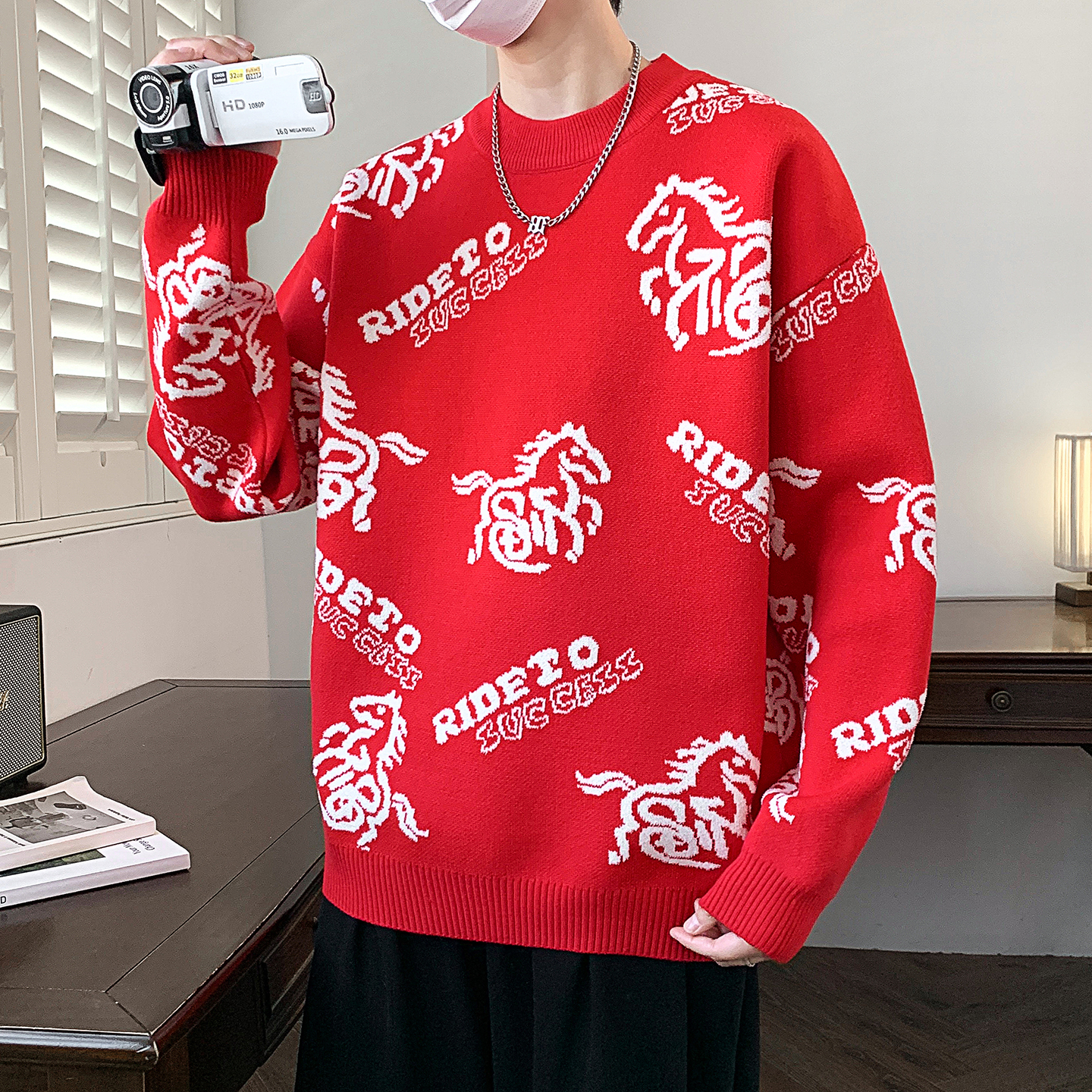 本命年红色男加厚针织打底衫