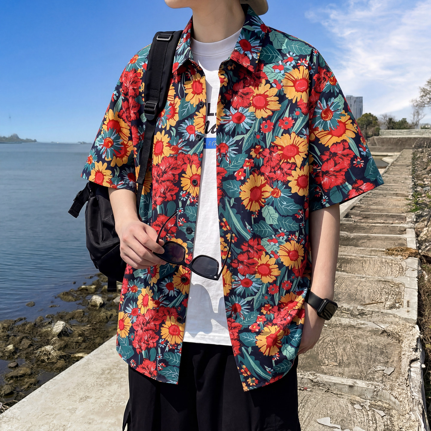 复古碎花短袖衬衫男夏季海边旅行穿搭男装外套夏威夷港风纯棉衬衣