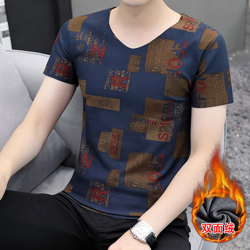 无痕加绒短袖t恤男潮流ins紧身打底衫修身上衣秋冬季防寒印花半袖,男装,T恤,淘宝优惠券,粉丝福利购,淘宝优惠卷