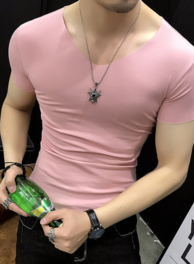 夏季t恤男半袖紧身v领体潮流薄款纯棉修身打底衫肌肉男无痕短袖