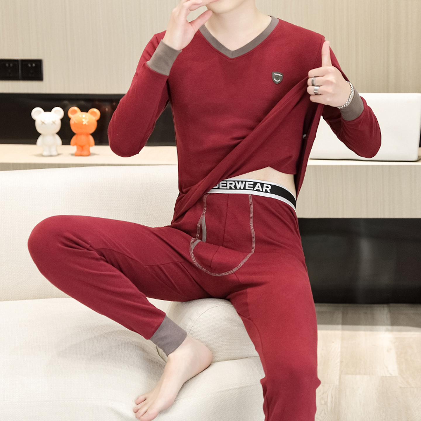 纯棉秋衣秋裤男酒红色本命年套装