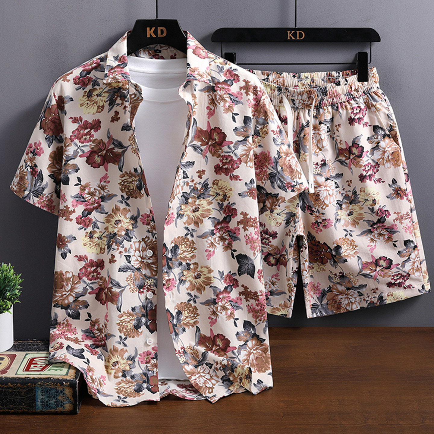 夏威夷花衬衫男纯棉短袖高级感泰国三亚旅行沙滩套装海边碎花衬衣