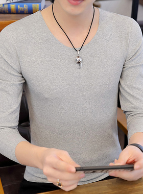 无痕长袖T恤男士春秋款纯棉薄款贴身打底衫无边低领紧身内搭上衣