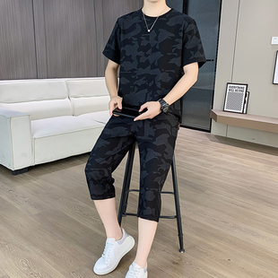 冰丝七分裤男士夏季薄款休闲运动短袖短裤套装2026新款迷彩裤子男
