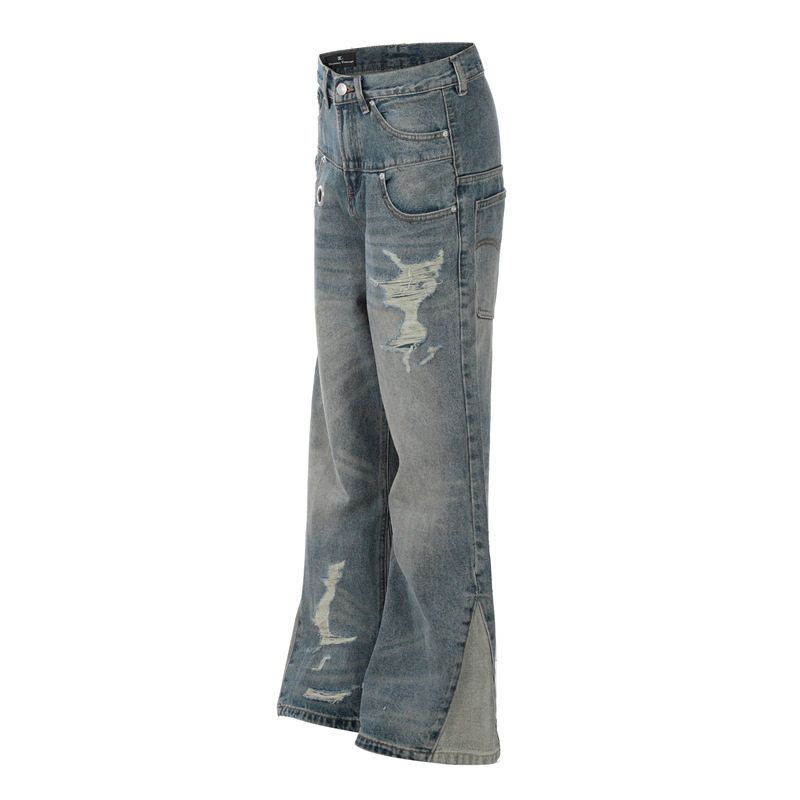 DC+G6608美式街头刀割环扣破洞微喇牛仔裤男女cleanfit宽松长裤潮