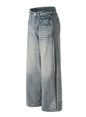 DC+FX071美式复古褶皱设计感蓝色男式休闲牛仔裤潮牌水洗做旧阔腿