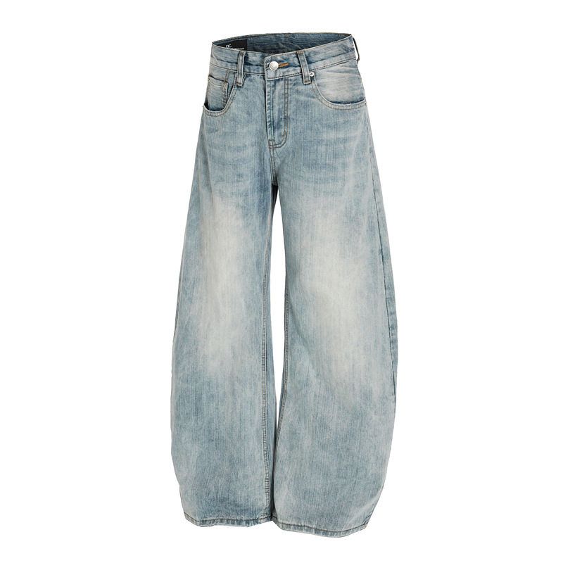 DC+G6669-1美式浅蓝色做旧竹节弯刀牛仔裤男cleanfit微喇廓形长裤