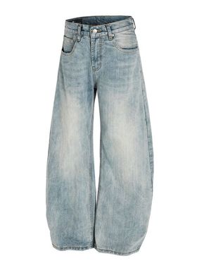 DC+G6669-1美式浅蓝色做旧竹节弯刀牛仔裤男cleanfit微喇廓形长裤