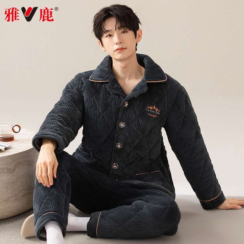 雅鹿珊瑚绒夹棉睡衣男士冬季三层加厚加绒2025年新款家居服秋冬天,女士内衣/男士内衣/家居服,睡衣/家居服套装,淘宝优惠券,粉丝福利购,淘宝优惠卷