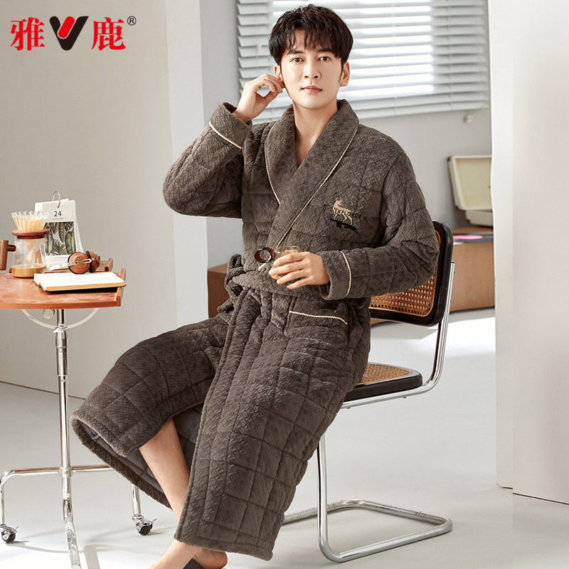 雅鹿睡袍男士睡衣冬季三层加厚加绒长款珊瑚绒夹棉袄浴袍秋冬保暖