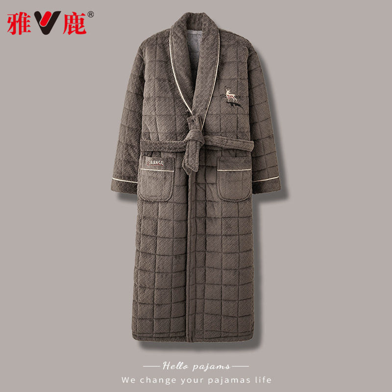 雅鹿睡袍男士睡衣冬季三层加厚加绒长款珊瑚绒夹棉袄浴袍秋冬保暖
