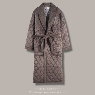雅鹿珊瑚绒夹棉男士睡衣秋冬三层加厚保暖睡袍冬季法兰绒浴袍长款