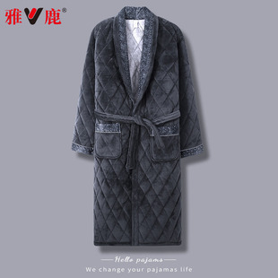 雅鹿珊瑚绒夹棉男士睡衣秋冬三层加厚保暖睡袍冬季法兰绒浴袍长款