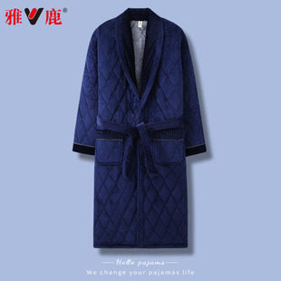 雅鹿珊瑚绒夹棉男士睡衣秋冬三层加厚保暖睡袍冬季法兰绒浴袍长款