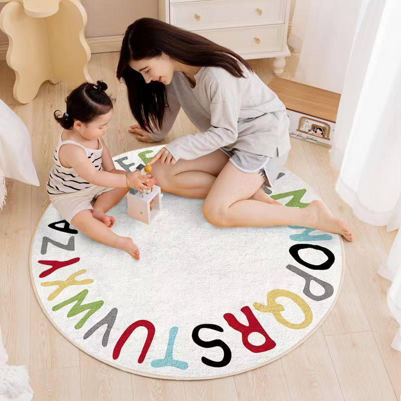 卡通圆形仿羊绒地毯家用儿童房隔冷保暖床边毯耐脏易打理防滑毯