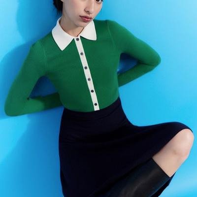 罗纹翻领拼接纽扣长袖连衣裙