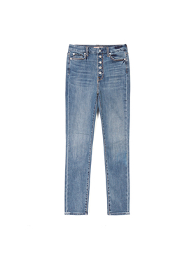 洛杉矶高端牛仔7FAM 女款蓝色水洗做旧纽扣门襟修身铅笔裤牛仔裤