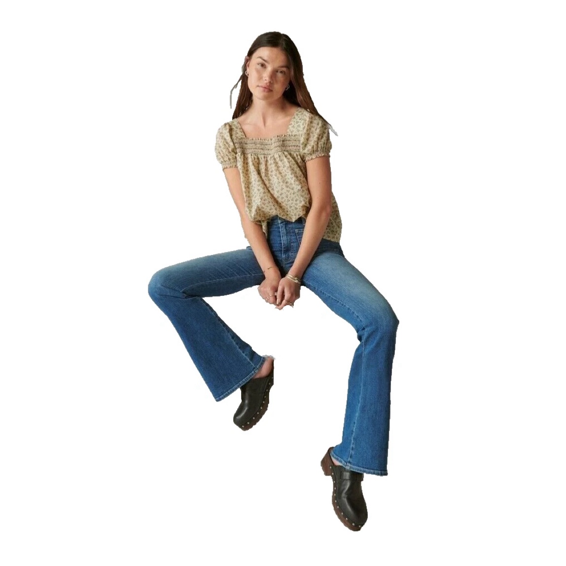 美系中产单宁LB深蓝色高腰喇叭裤