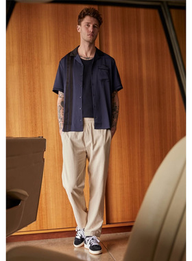 新式街头潮牌ILU 男款 $119 藏蓝色条纹刺绣垂感短袖古巴领衬衫