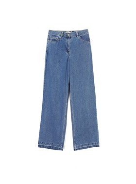 美系甜心L0VE 棉质 蓝色刺绣高腰裁剪毛边阔腿牛仔裤