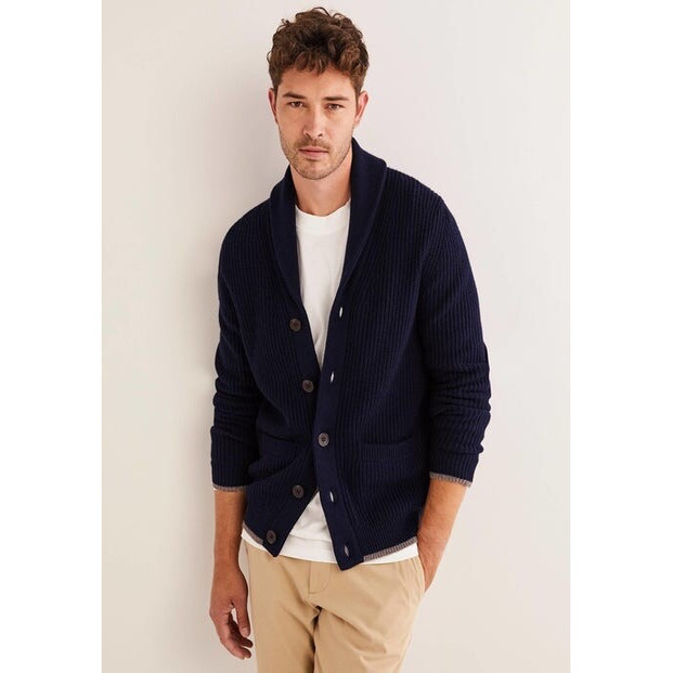 英伦b*den螺纹青果领镶边开衫