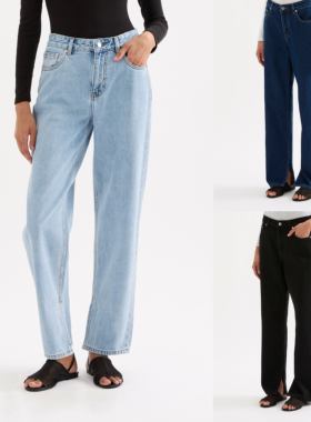 澳洲小众nl 女款 有机棉无弹高腰 直筒宽松开衩牛仔裤 三色