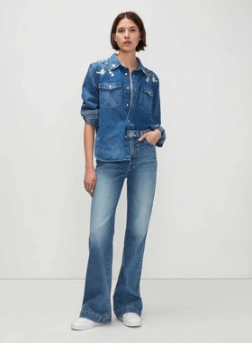 洛杉矶高端牛仔7FAM 女款 蓝色 水洗做旧破洞微喇牛仔裤