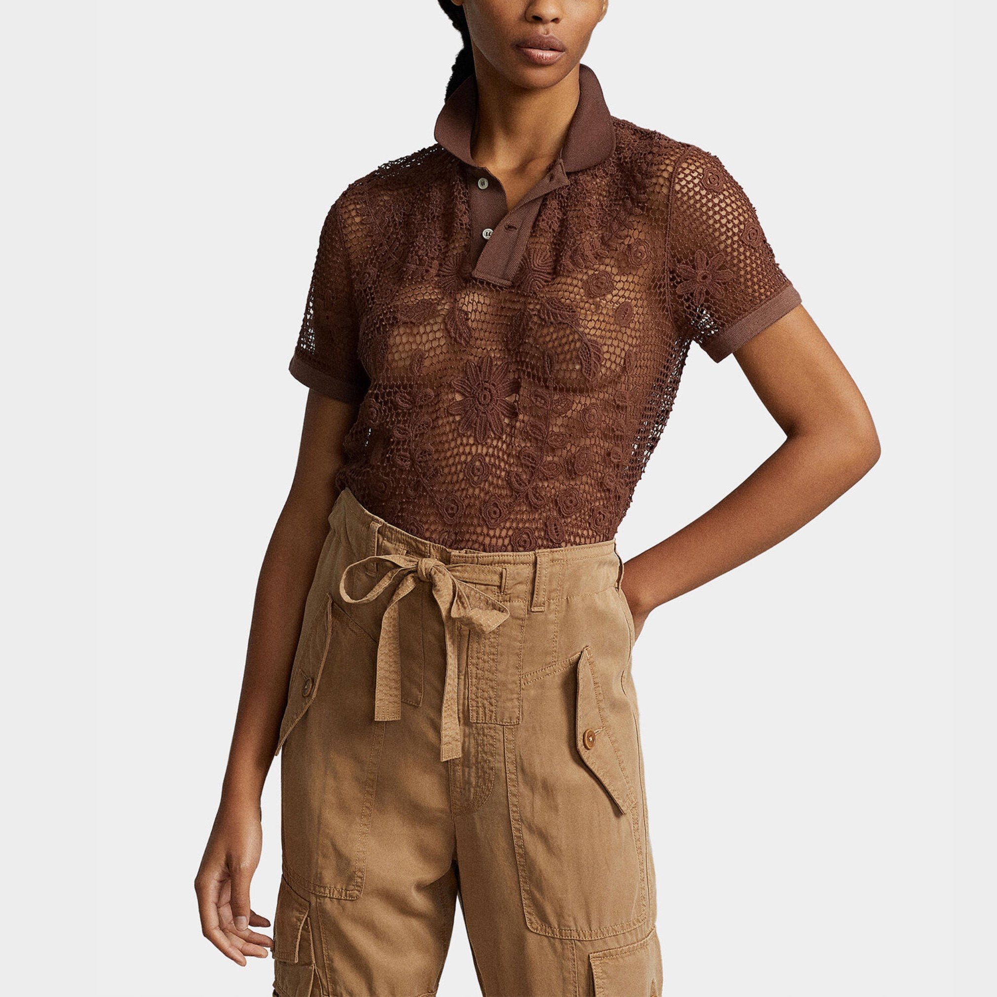 美系经典R花卉蕾丝短袖Polo衫