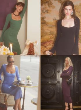 瑞典设计师AD00RE riano 复古方领花纱喇叭袖罗纹连衣裙多色