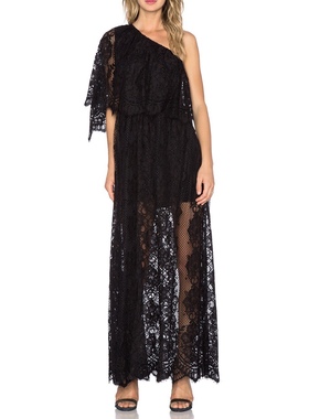 美系轻奢@lexis 女款 772$ 黑色蕾丝斜肩连衣裙