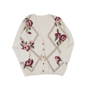 女款 毛衣 HANDKNIT手工棒针花卉提花V领开衫