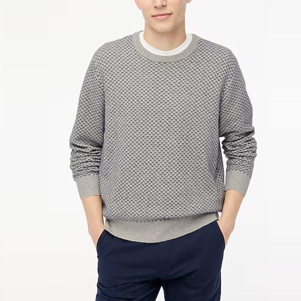 鸟眼提花圆领套头长袖软纱毛衣