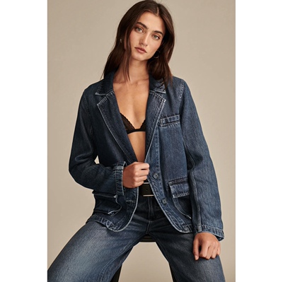 美系中产LB深蓝色西装领牛仔外套