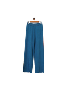 国货轻奢PS@LTER 女款 人造丝 湖蓝色撞色侧条纹针织直筒裤休闲裤