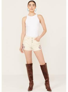 美系西部SHY@NNE 女款 Americana白色刺绣中腰牛仔短裤