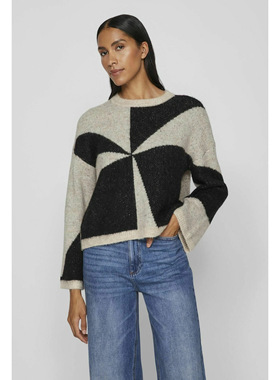 丹麦极简Vil@ 驼黑拼色风车纹理嵌花圆领套头针织衫毛衣 两色