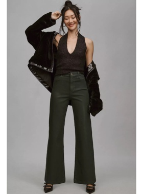 纽约轻奢都市FD 女款 棉 Mischa深绿色涂层高腰阔腿牛仔裤