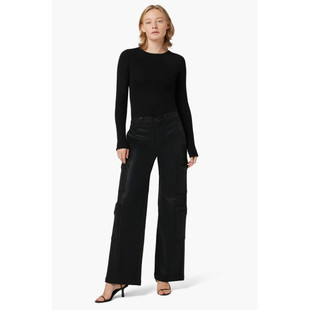 洛杉矶复古丹宁H 女款 Cargo涂层黑色高腰多口袋阔腿工装牛仔裤