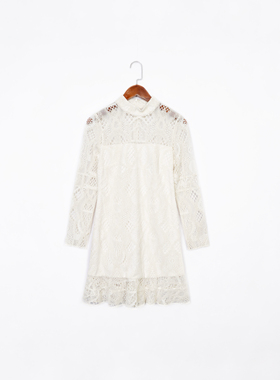 美系轻奢@lexis 女款 白色蕾丝透视拼接立领长袖薄款连衣裙