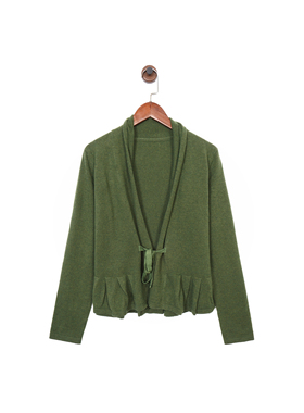 斯德哥尔摩0DD M*11Y北欧波西米亚 100%羊毛绿色系带褶边针织开衫