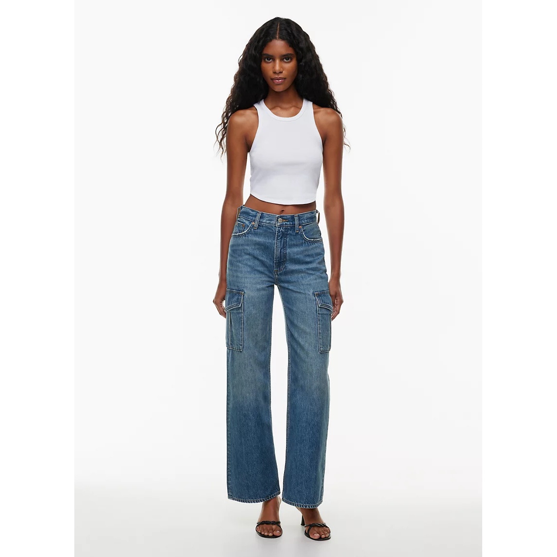 老钱风丹宁DF 女款 水洗做旧 阔腿高腰多口袋工装牛仔裤