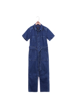 美系复古单宁LB 女款 True蓝色翻领短袖牛仔工装连体裤