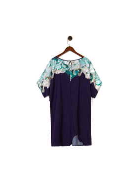 美系安家AP 女款 深紫色花卉印花圆领套头系带短袖连衣裙